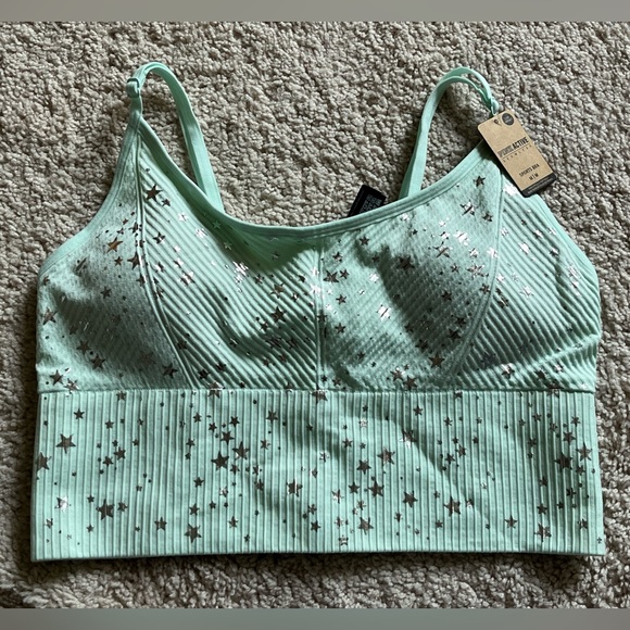 NWT VS PINK Seamless Lightly Lined Sports Bra Minty Green Silver Stars Medium M - Picture 9 of 10
